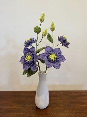 Handmade Crocheted ‘Blue Light’ Clematis Bouquet